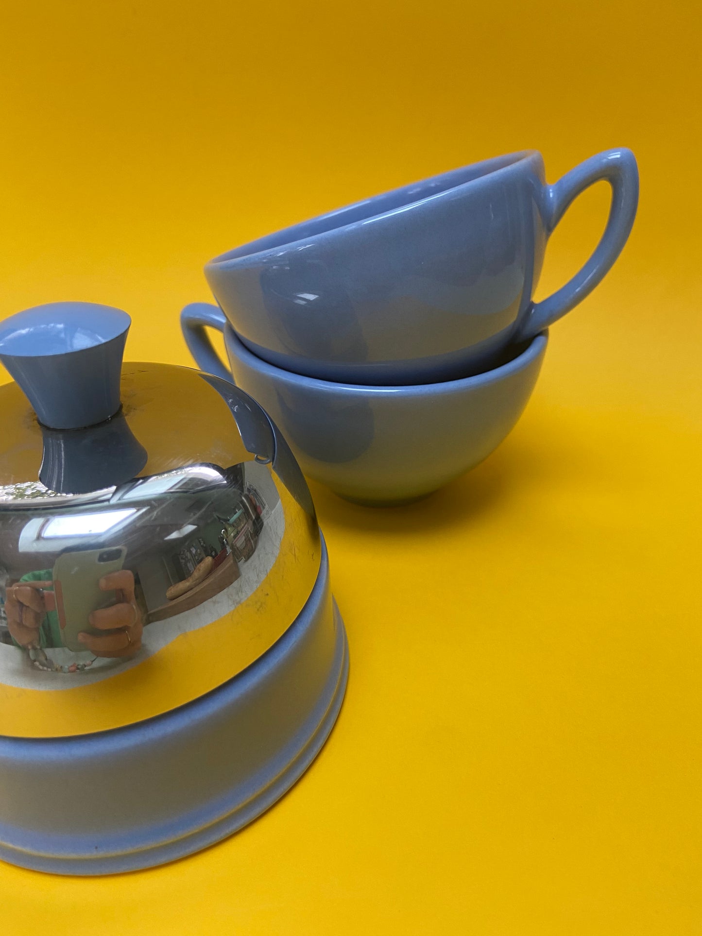 Blue ceramic cup and sugar bowl set