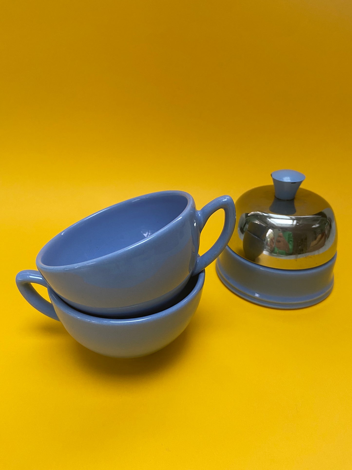 Blue ceramic cup and sugar bowl set