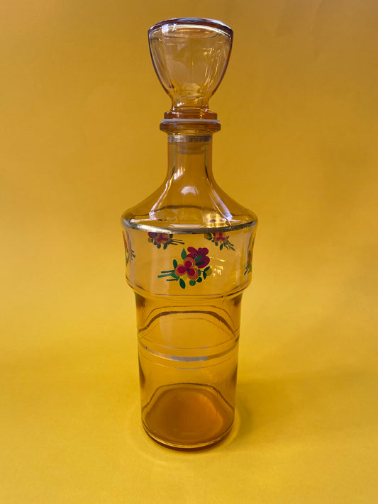 Carafe vintage ambrée motif fleurs