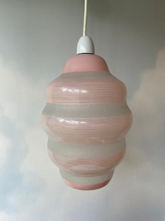 Suspension verre texturé vintage forme ESSAIM D’ABEILLE rose pastel