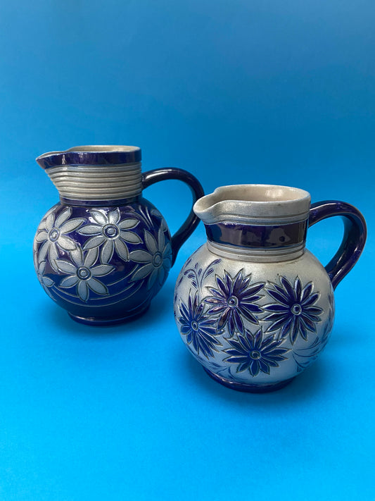 Duo of ALSACE stoneware pitchers with floral motif signed