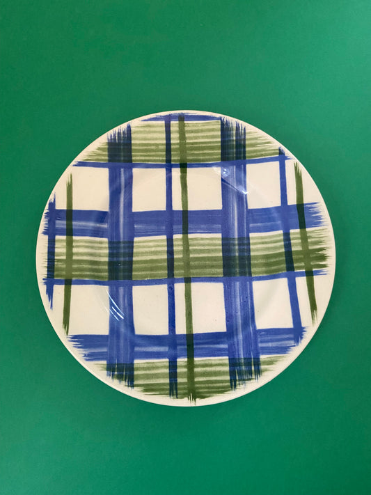 Vintage dessert plate BLUE/GREEN GRID