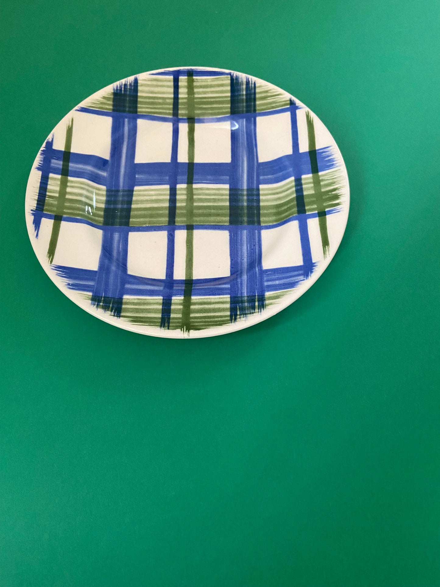 Vintage dessert plate BLUE/GREEN GRID