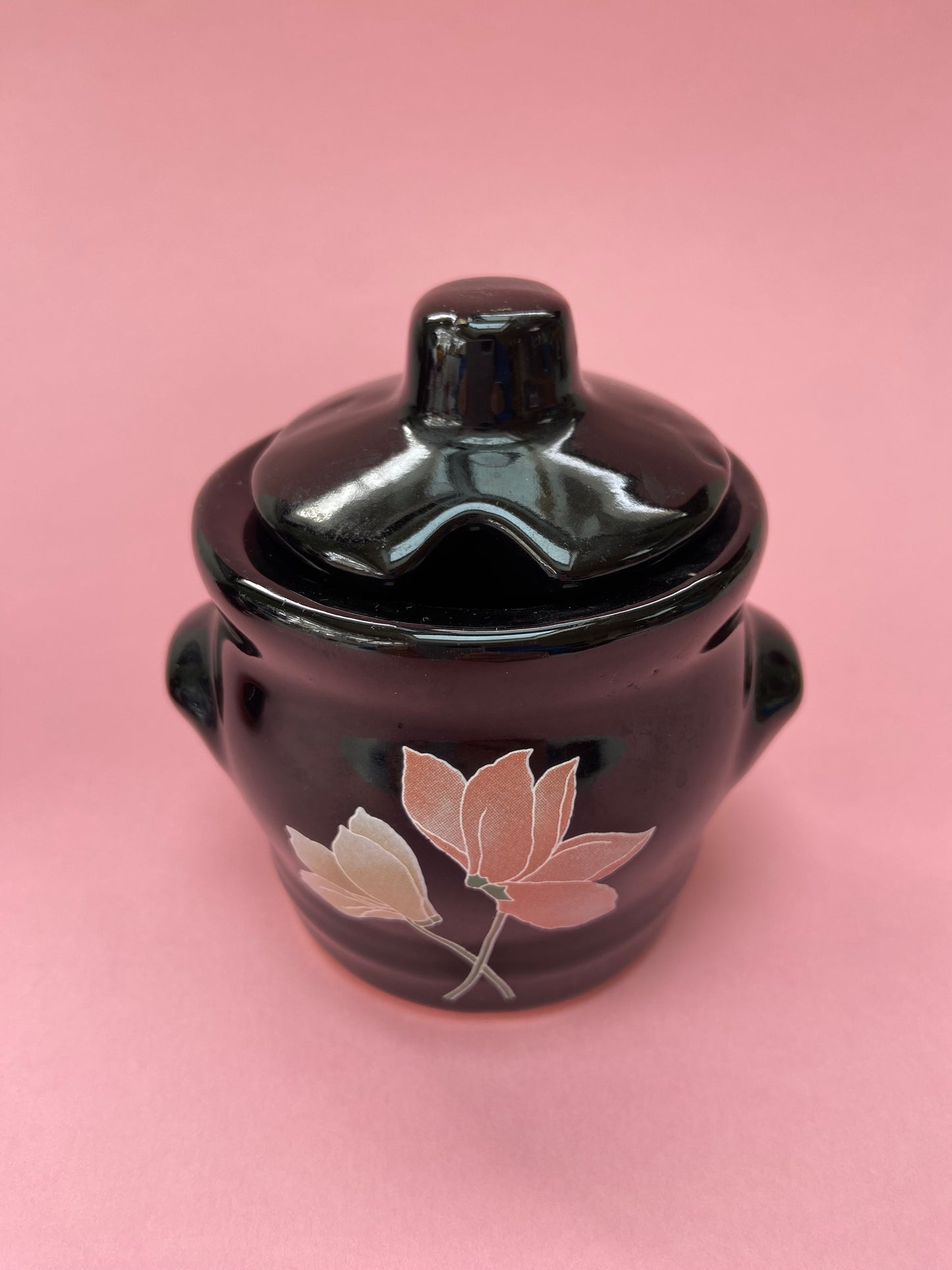 Trio salière / poivrière / pot céramique noire décor FLORAL