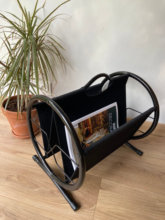 Vintage 70s magazine rack in metal and BLACK fabric