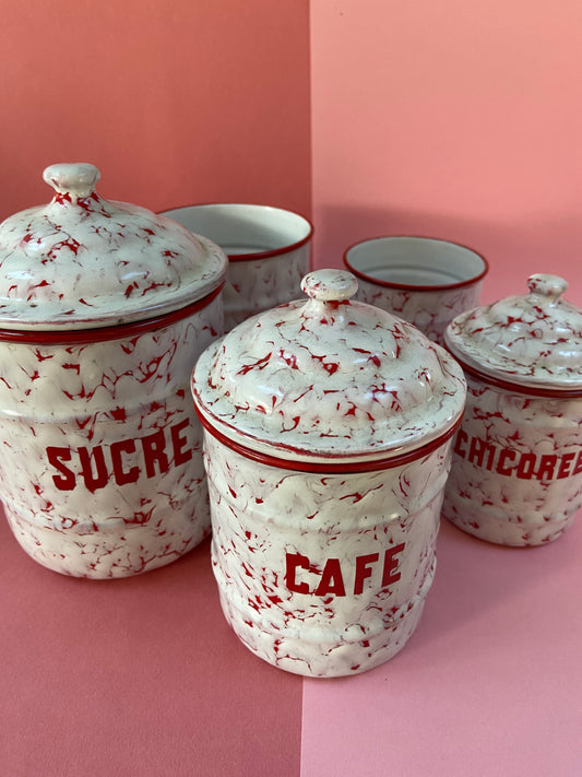 Lot of 5 storage pots Marbled enamel White and red St Servais Belgium