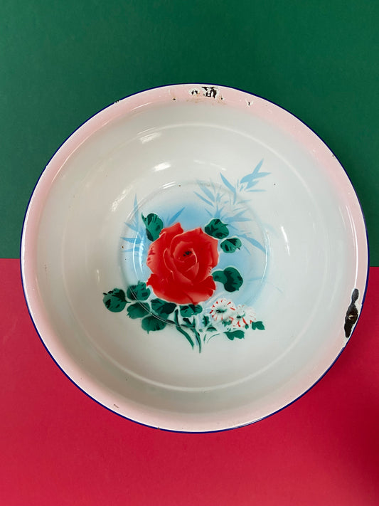 Grande bassine en tôle émaillée vintage motif floral