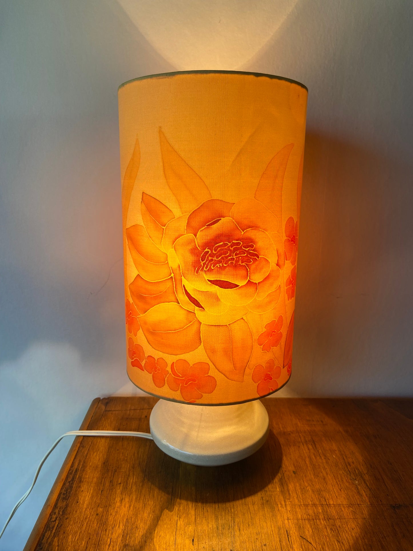 Vintage retro lamp with ceramic base and floral fabrics