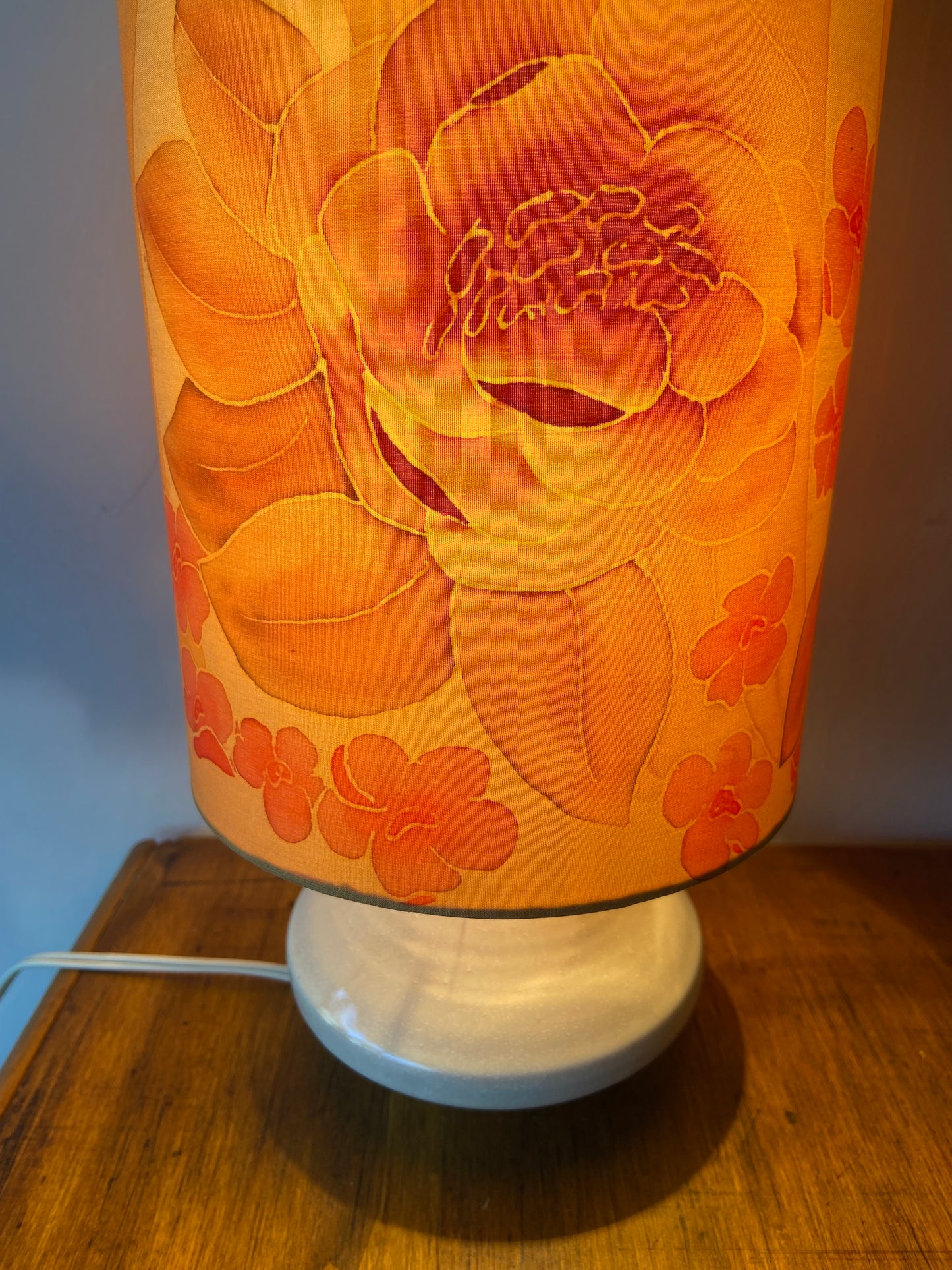 Vintage retro lamp with ceramic base and floral fabrics