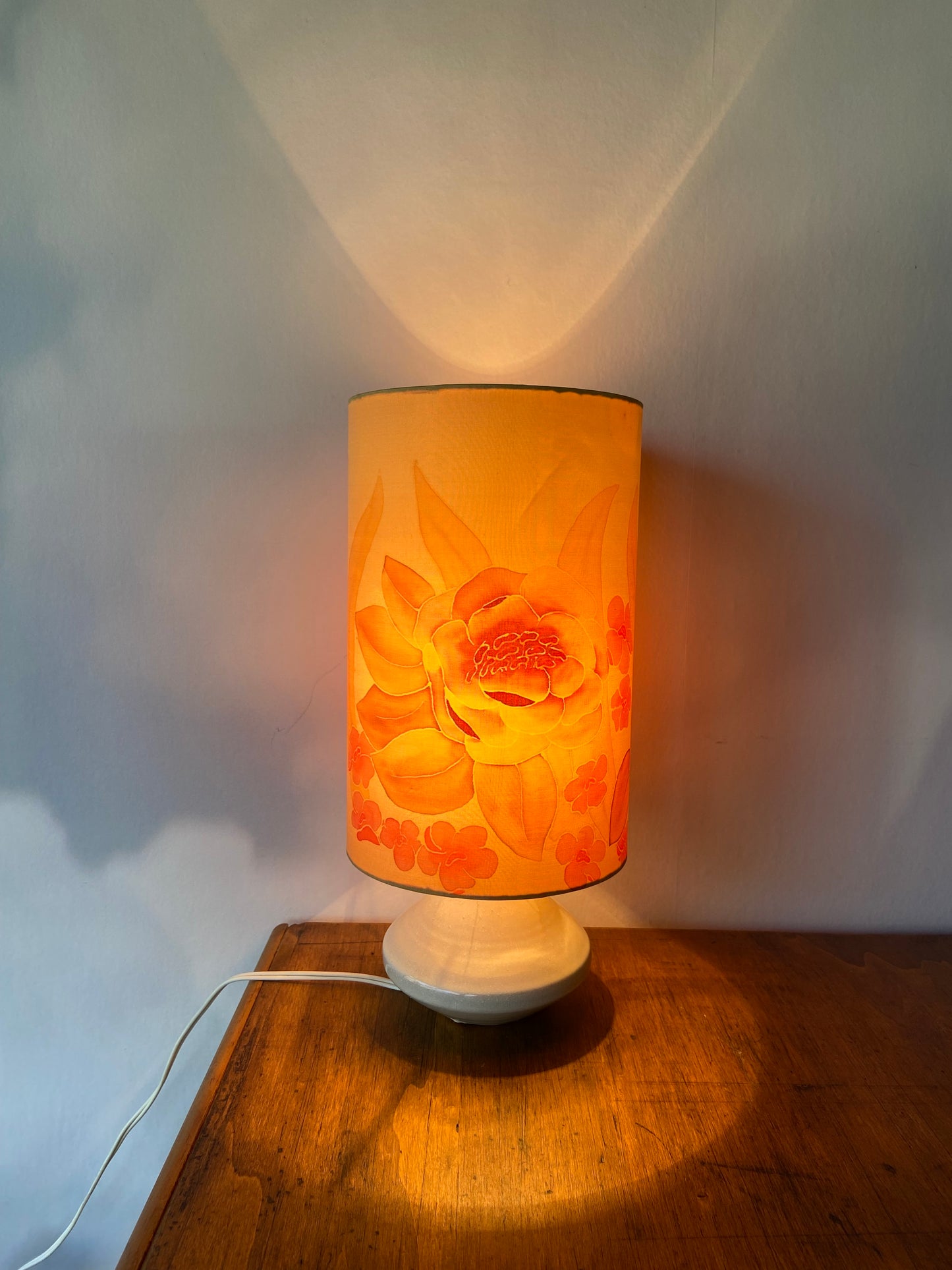 Vintage retro lamp with ceramic base and floral fabrics