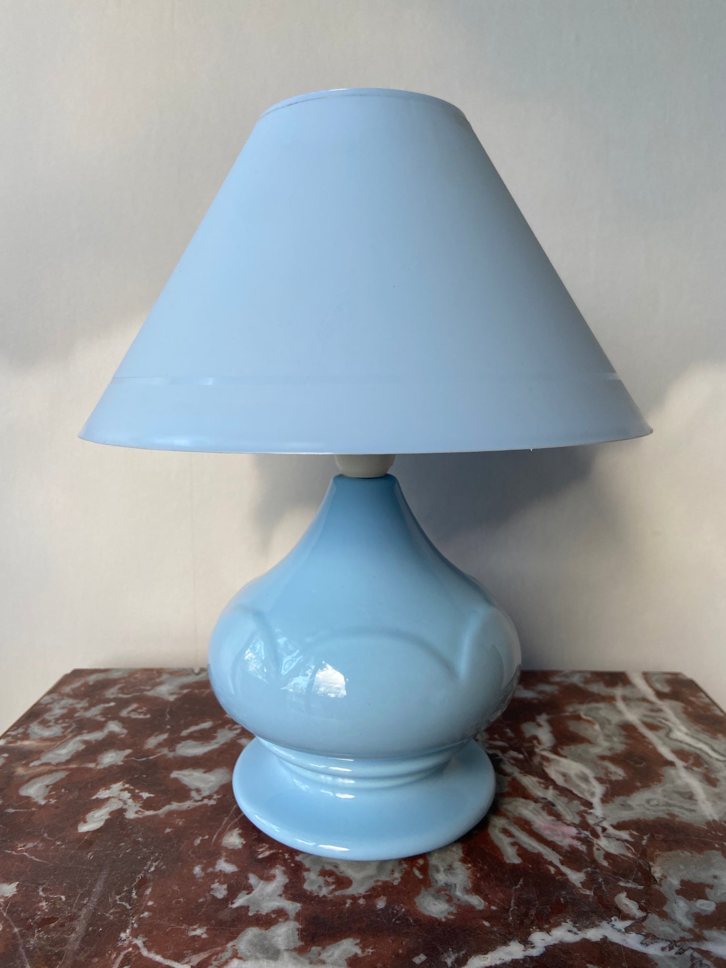 Small vintage lamp with blue ceramic base and SKY BLUE plastic lampshade