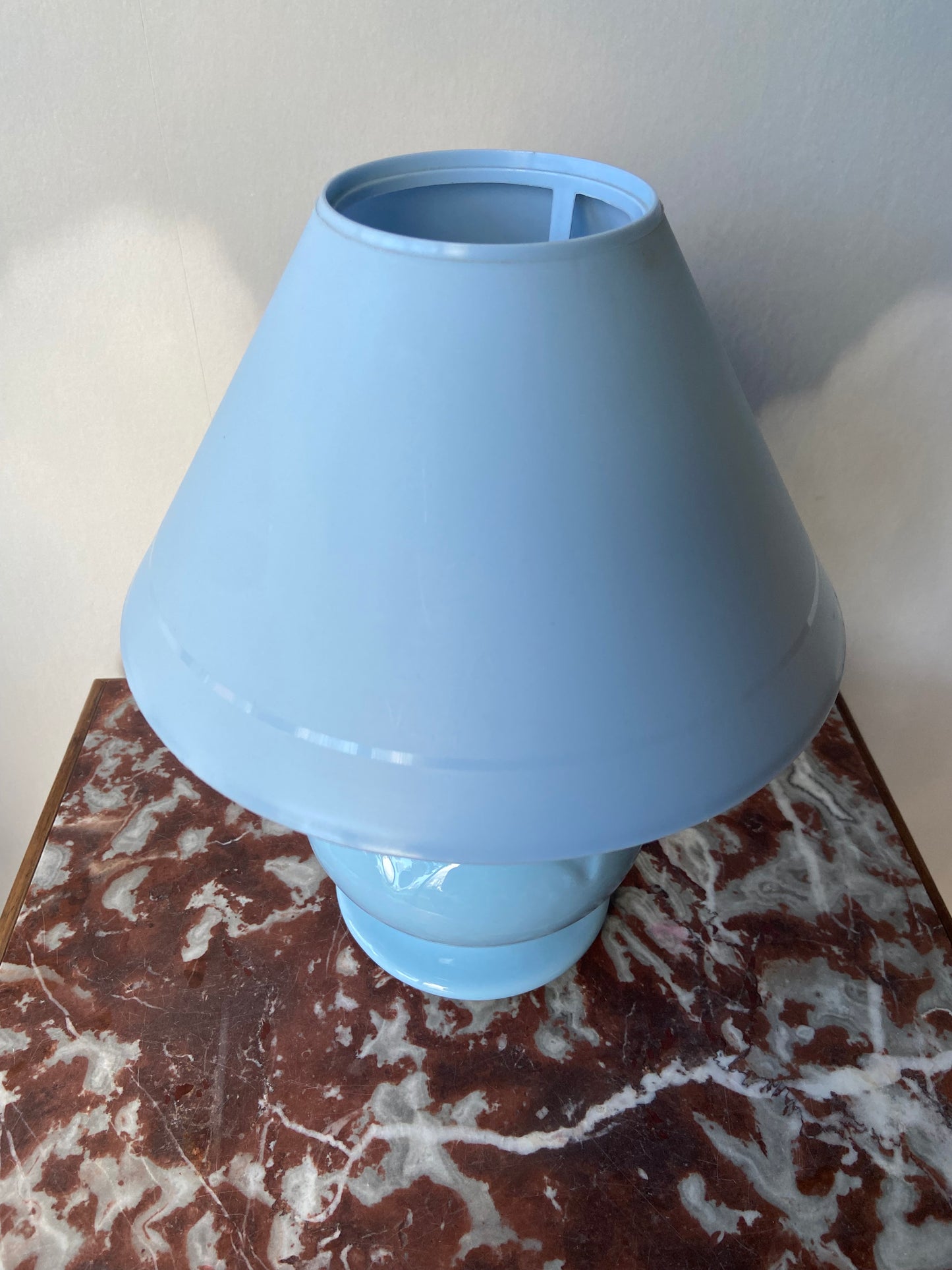 Small vintage lamp with blue ceramic base and SKY BLUE plastic lampshade