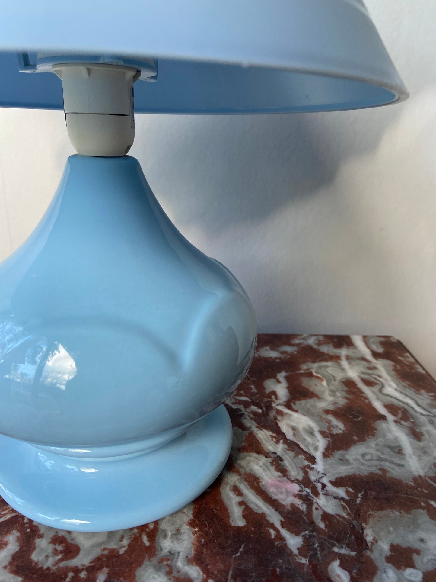 Small vintage lamp with blue ceramic base and SKY BLUE plastic lampshade