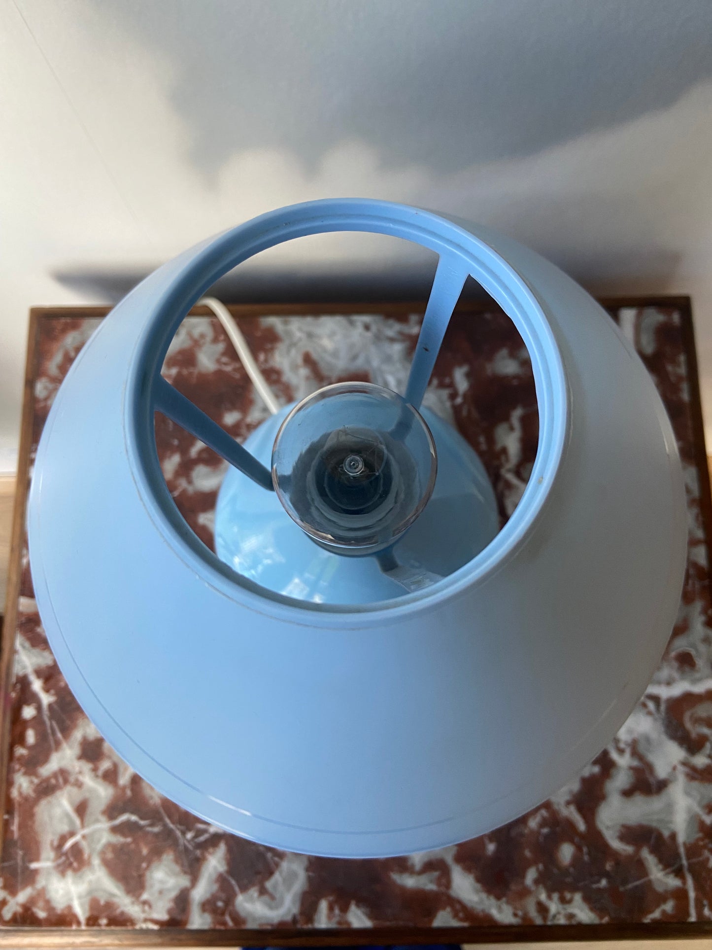 Small vintage lamp with blue ceramic base and SKY BLUE plastic lampshade