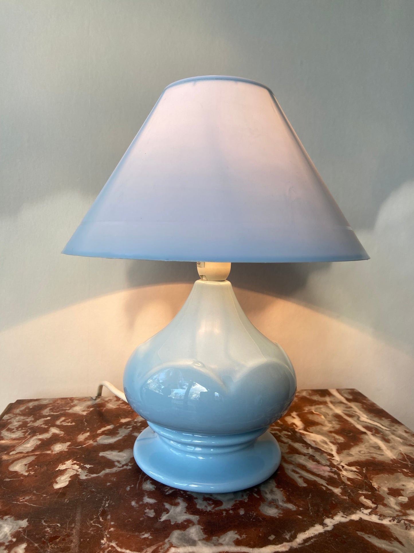 Small vintage lamp with blue ceramic base and SKY BLUE plastic lampshade