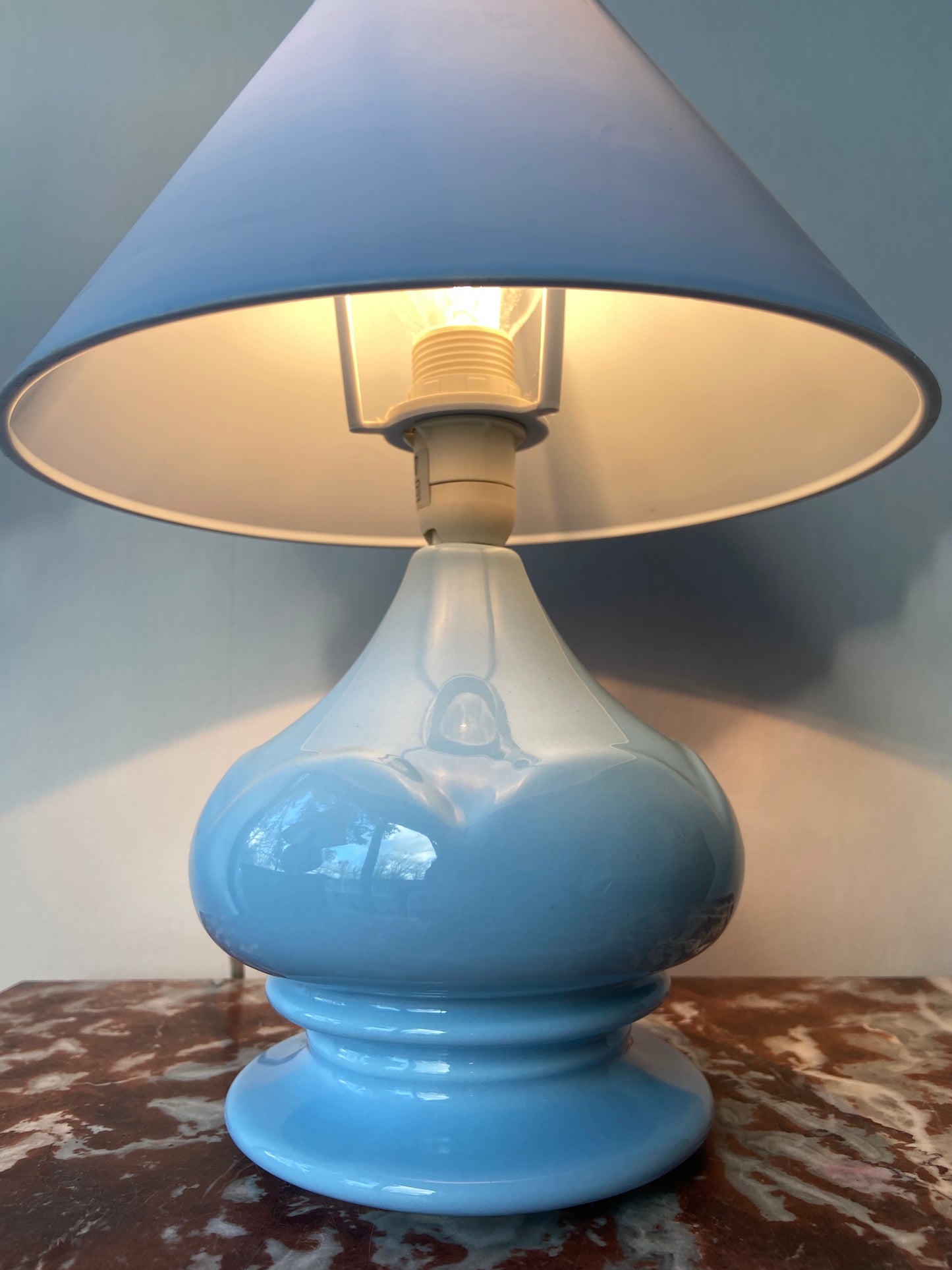 Small vintage lamp with blue ceramic base and SKY BLUE plastic lampshade