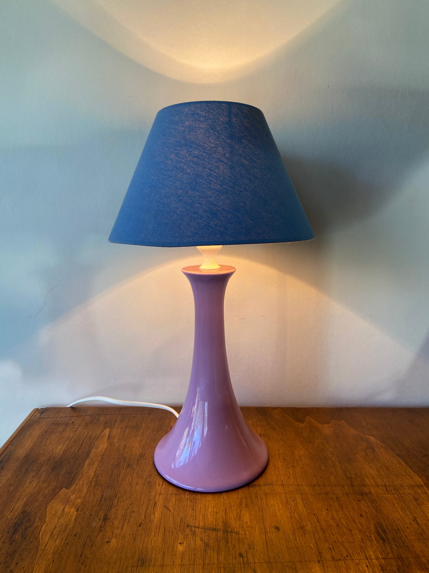 Joie Purple ceramic base lamp with blue fabric shade