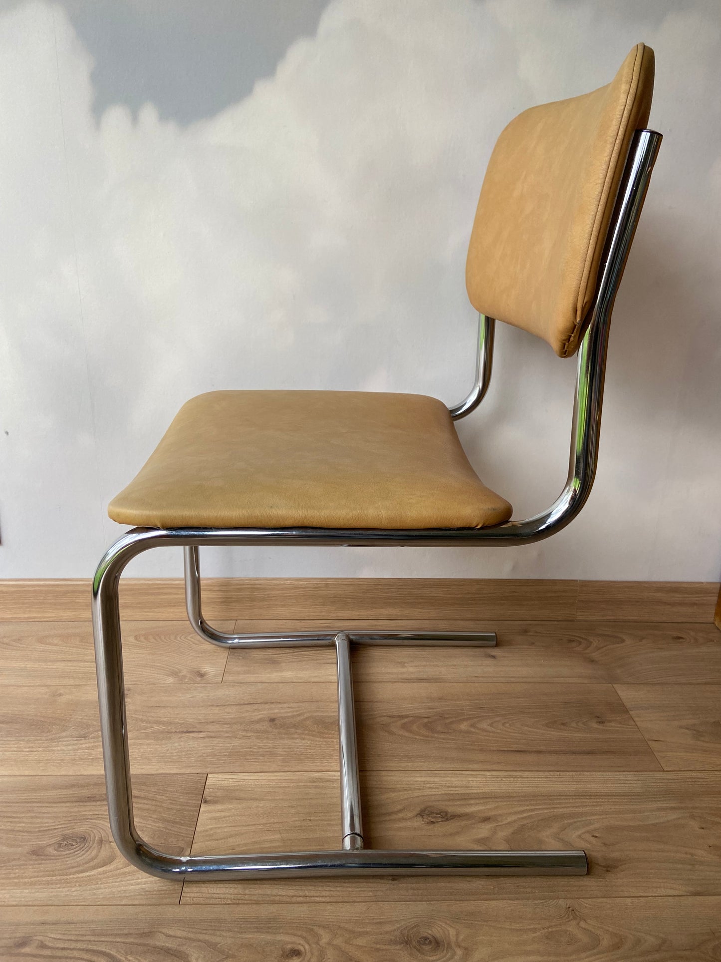 Vintage Chrome and Cream Skai Chair with “Sled” Base