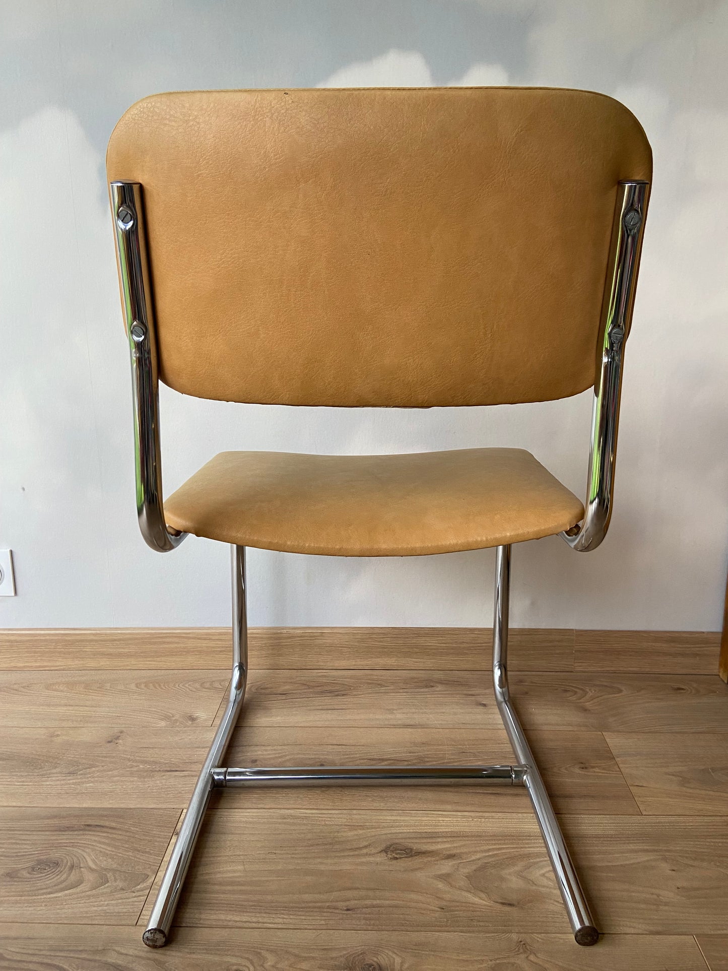 Vintage Chrome and Cream Skai Chair with “Sled” Base