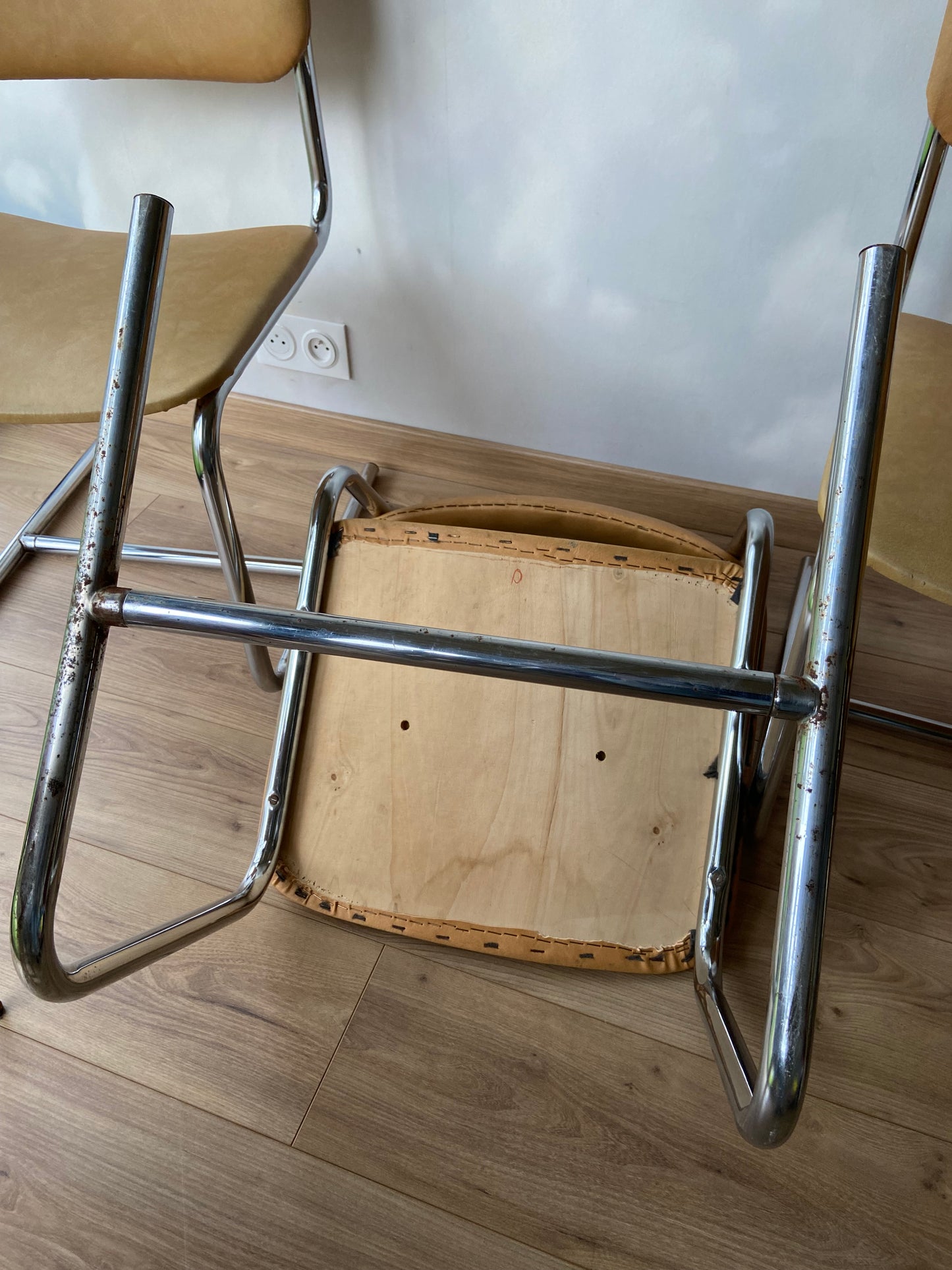 Vintage Chrome and Cream Skai Chair with “Sled” Base